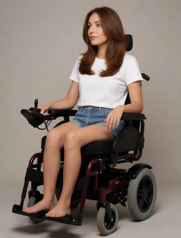 sitting in a power wheelchair with a joystick control by krea 2