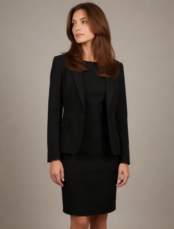 black sheath dress with a tailored blazer by krea 2