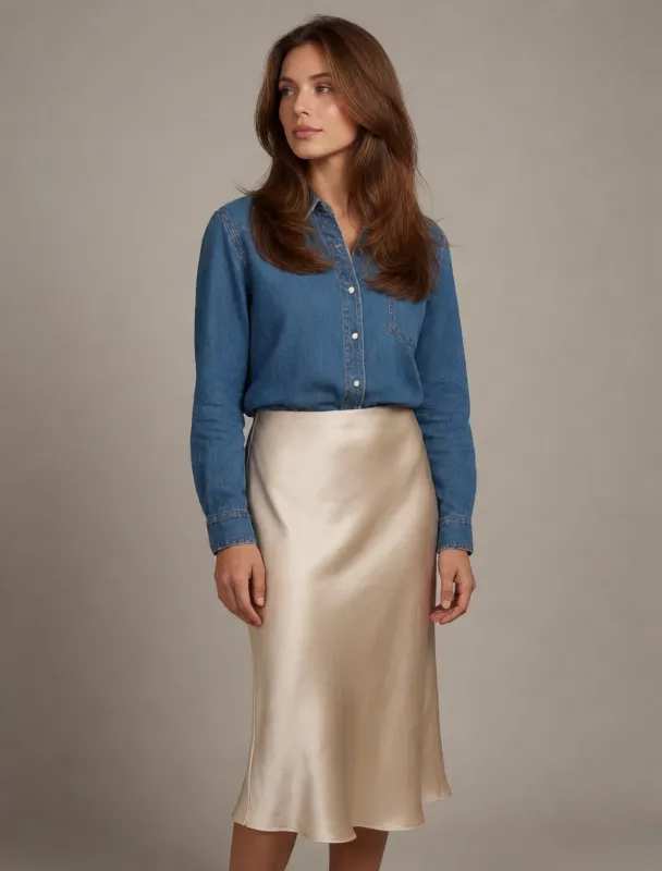 denim shirt with a satin midi skirt by krea 2