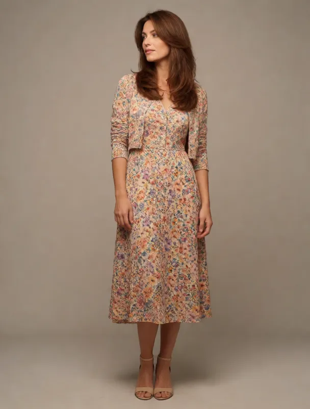 floral midi dress with a cardigan by krea 2