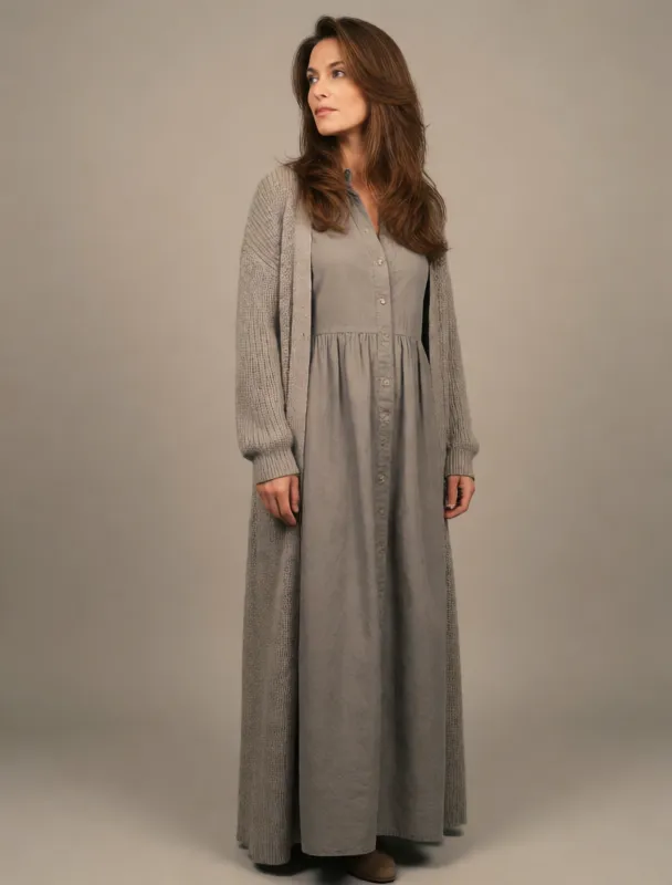 long cotton dress with a knit cardigan by krea 2