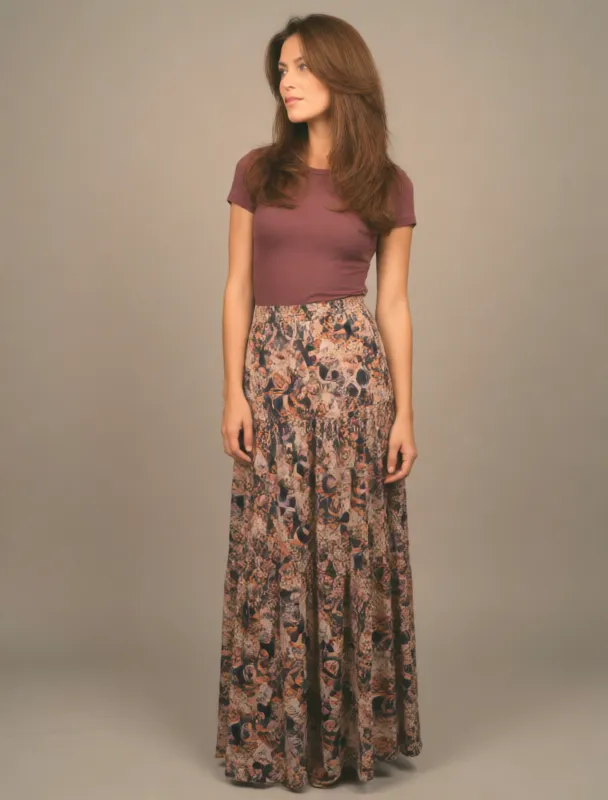 printed maxi skirt with a fitted tee by krea 2