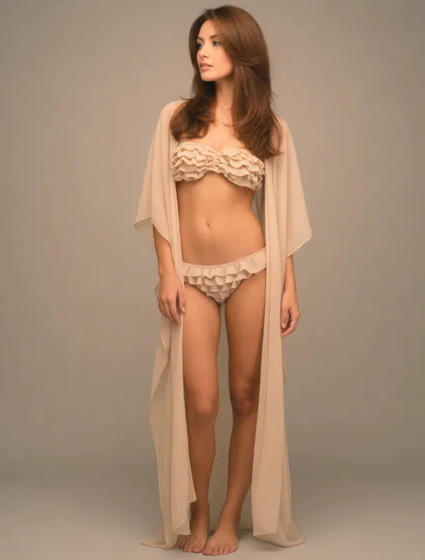 ruffled bandeau bikini with a sheer kaftan by krea 2