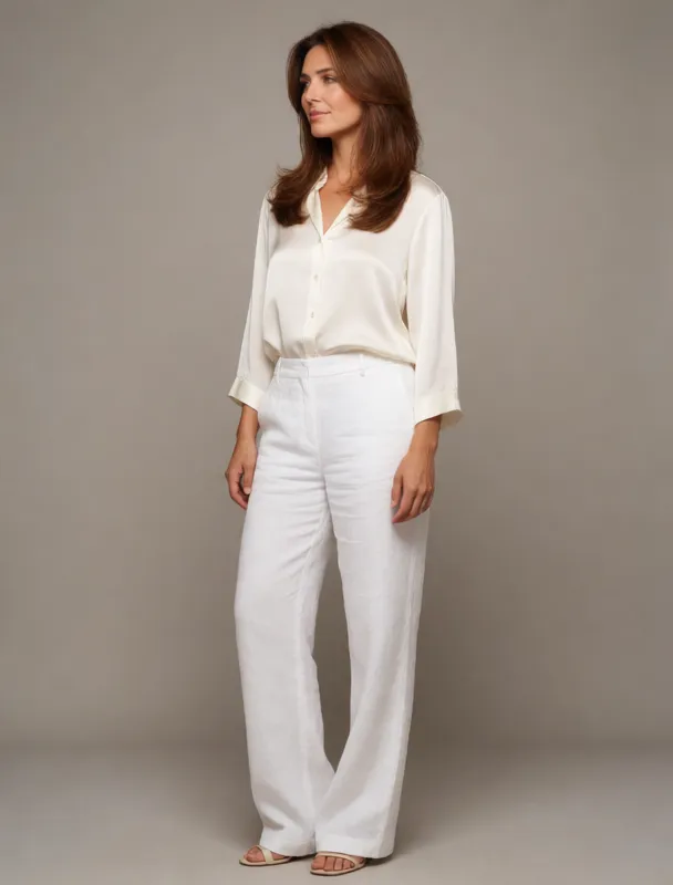 white linen trousers with a silk blouse by krea 2