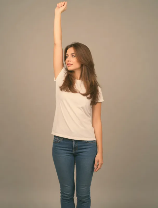 reaching up with her arm fully stretched to hold a high handle by krea 2