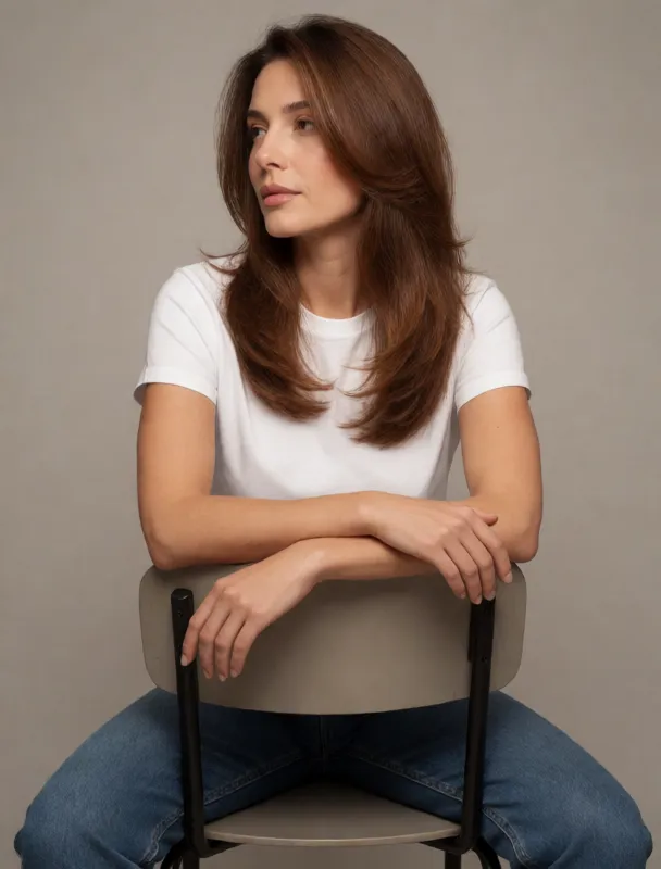 sitting backwards on a chair with her arms folded on the backrest by krea 2