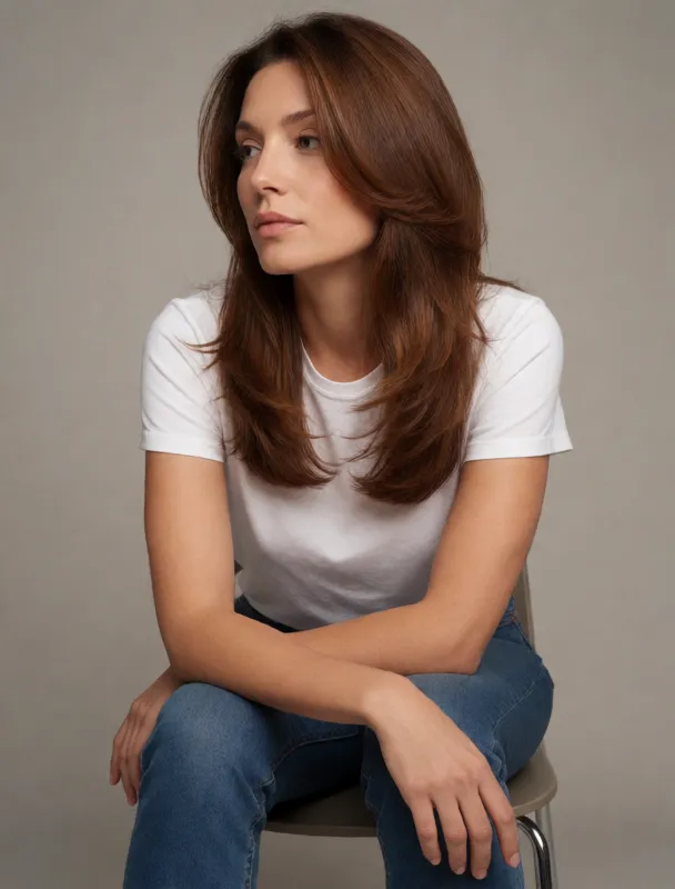 sitting on a chair leaning forward with her elbows on her knees by krea 2