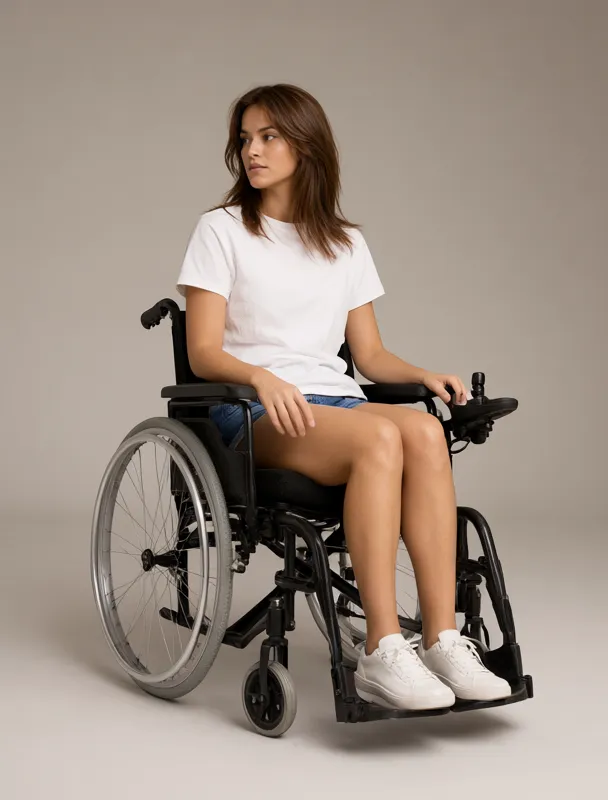 sitting in a power wheelchair with a joystick control by qwen image 2.1