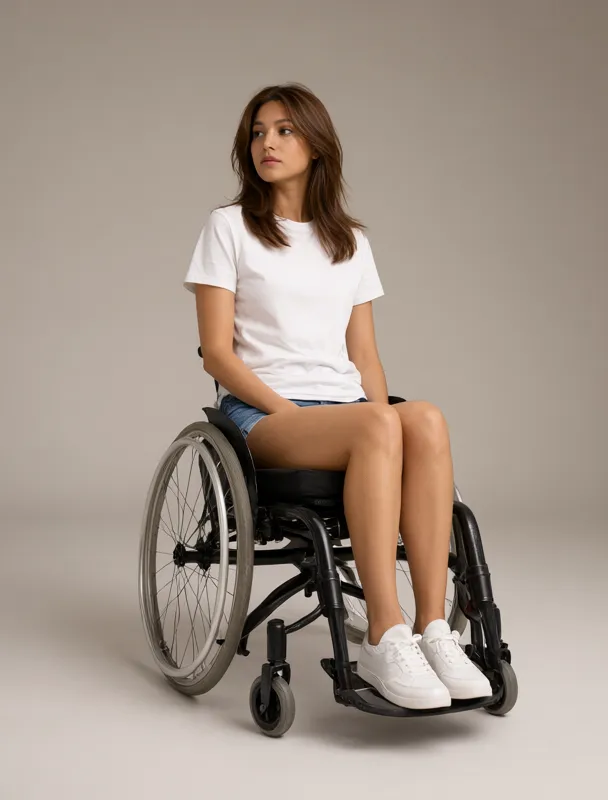 sitting in a sport wheelchair with angled wheels by qwen image 2.1