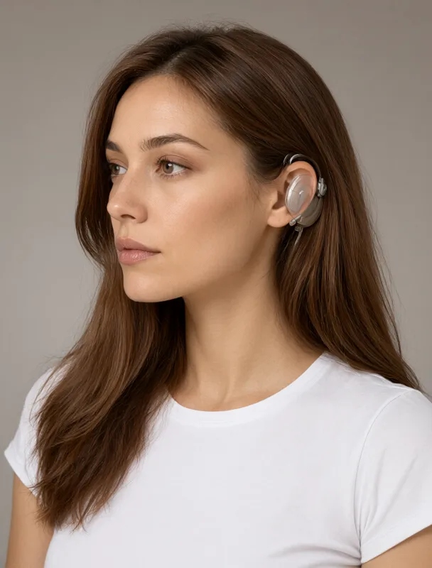 wearing a cochlear implant sound processor by qwen image 2.1