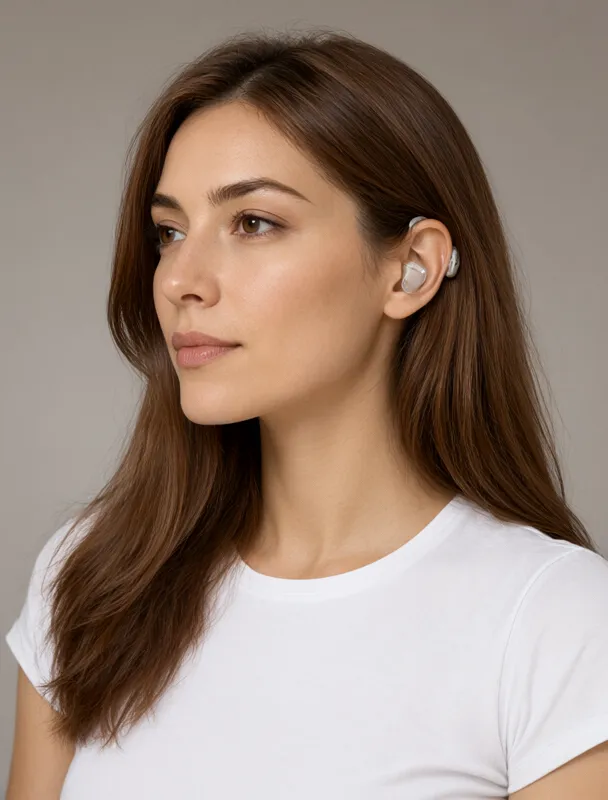 wearing behind the ear hearing aids by qwen image 2.1
