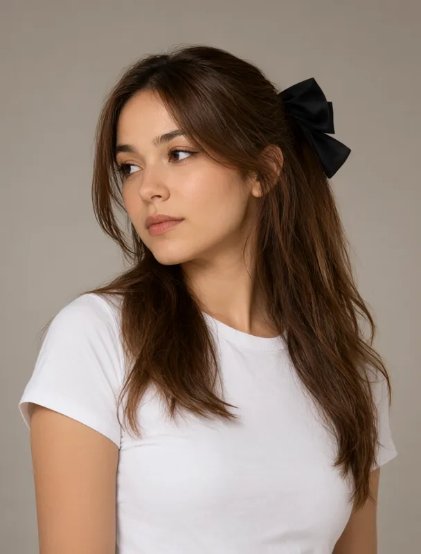 black silk hair bow by qwen image 2.1
