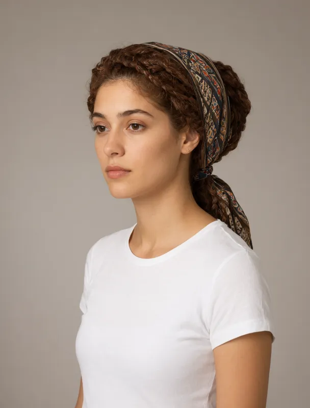 braided updo under a headscarf by qwen image 2.1