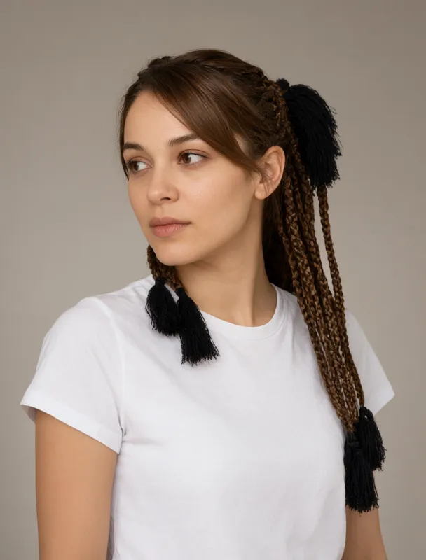 braids tied with black wool tullma tassels by qwen image 2.1