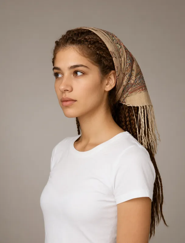 braids tucked under a fringed headscarf by qwen image 2.1