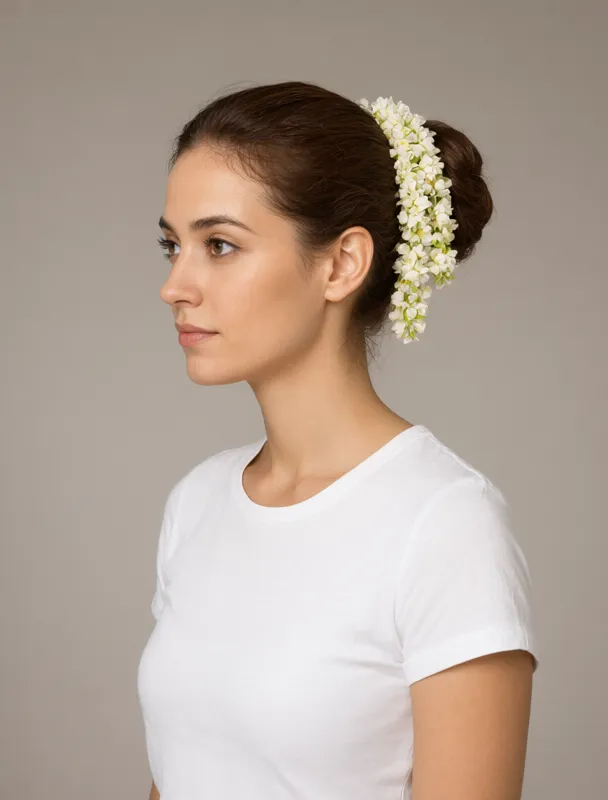 bun wrapped in a gajra jasmine garland by qwen image 2.1