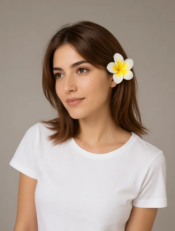 frangipani tucked behind her ear by qwen image 2.1