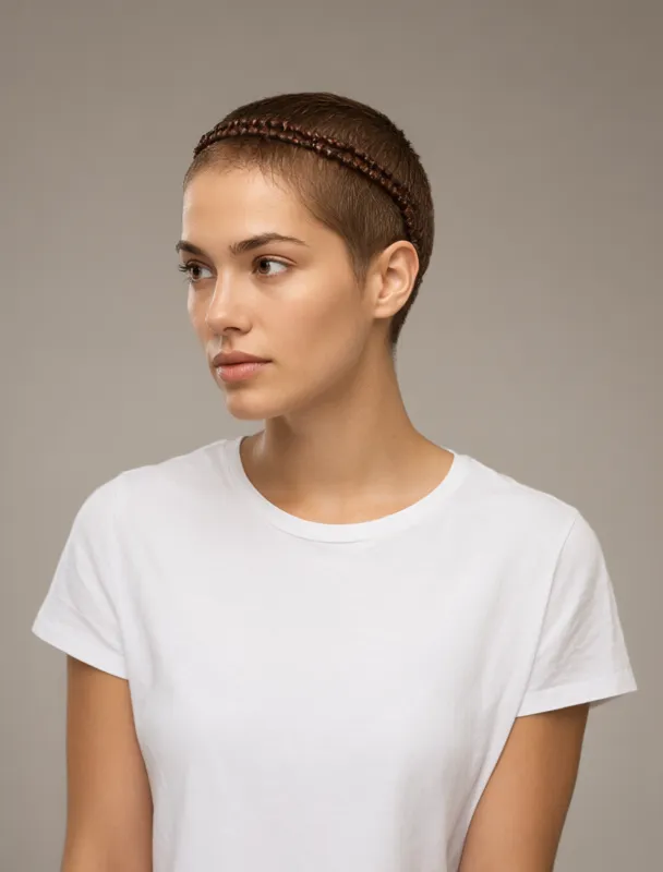 shaved head with a beaded band by qwen image 2.1