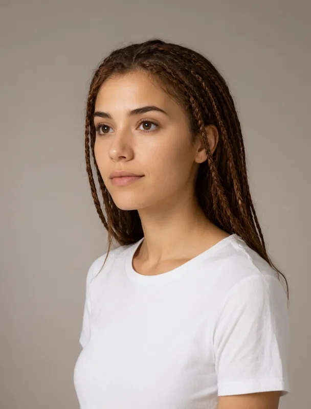 thin side braids framing her face by qwen image 2.1