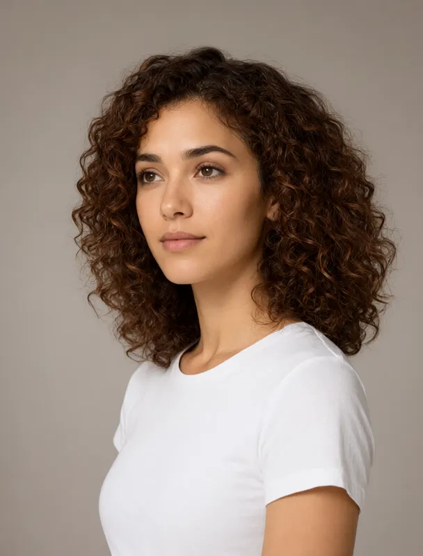 voluminous brunette curls by qwen image 2.1