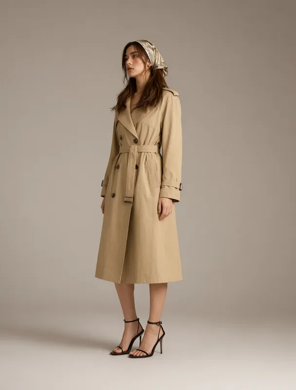 belted trench coat with a headscarf by qwen image 2.1