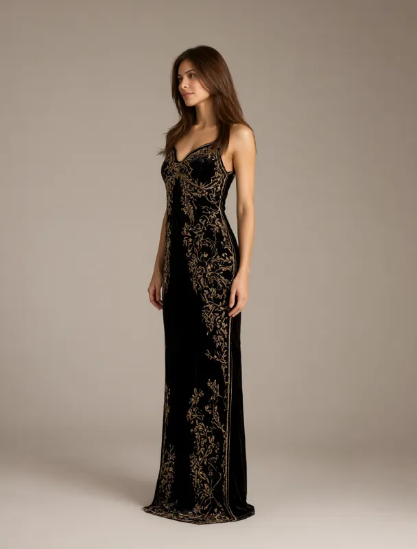 bindall velvet gown with gold embroidery by qwen image 2.1