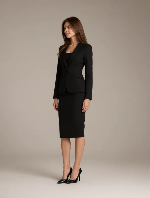 black sheath dress with a tailored blazer by qwen image 2.1