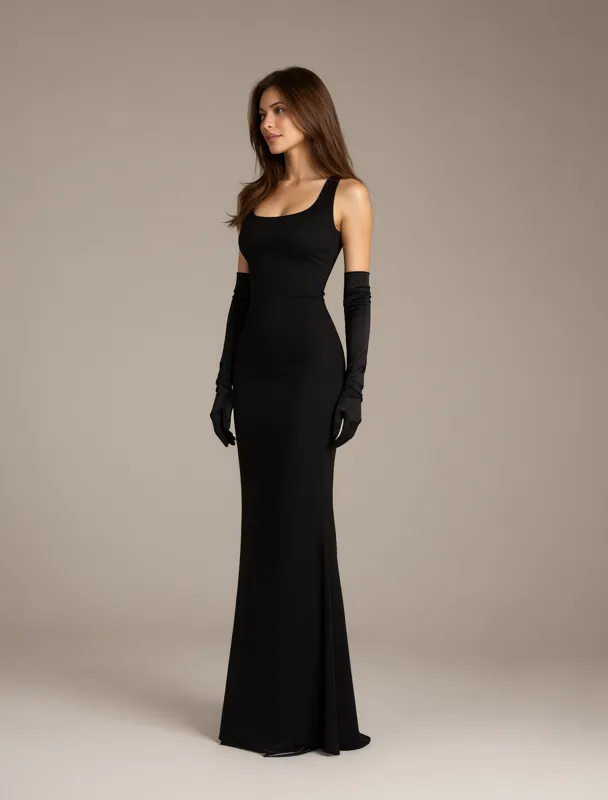 black tie column gown with opera gloves by qwen image 2.1