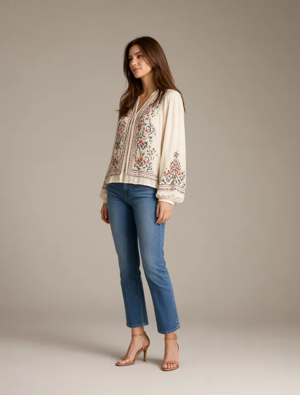 bordado embroidered blouse with jeans by qwen image 2.1