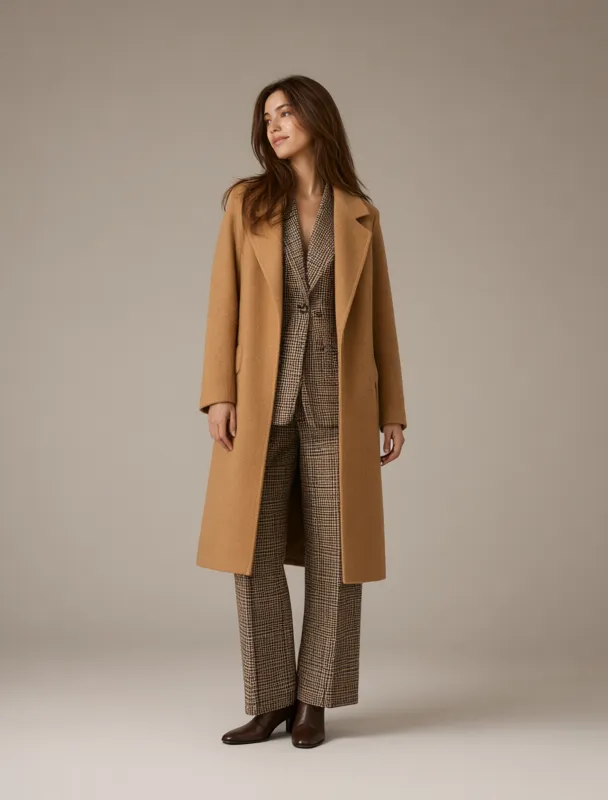 camel wool coat over a tweed suit by qwen image 2.1