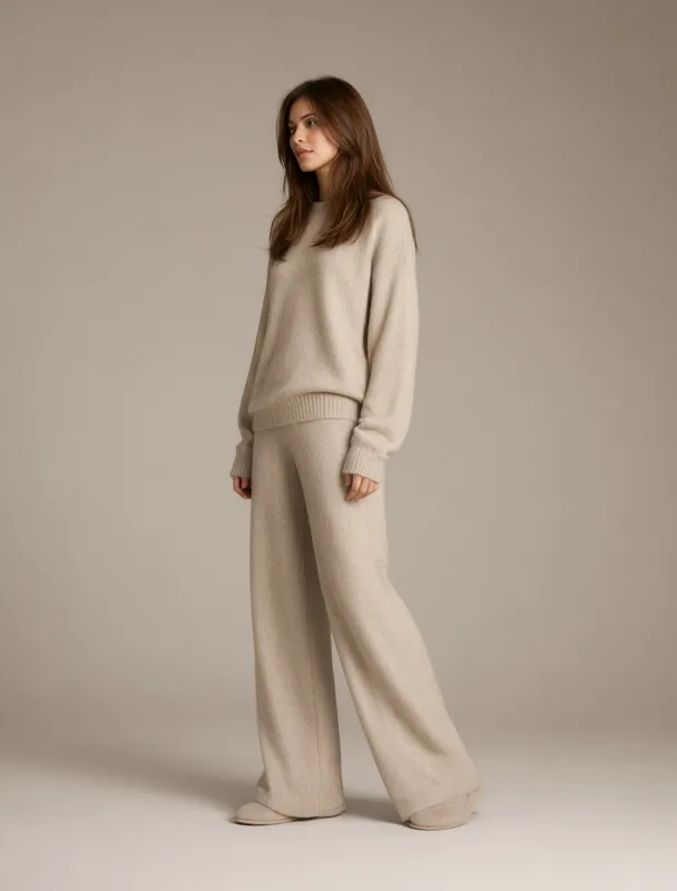 cashmere sweater with wide leg trousers by qwen image 2.1
