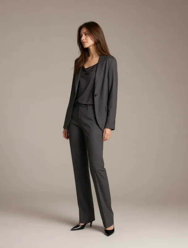 charcoal pantsuit with a silk shell by qwen image 2.1