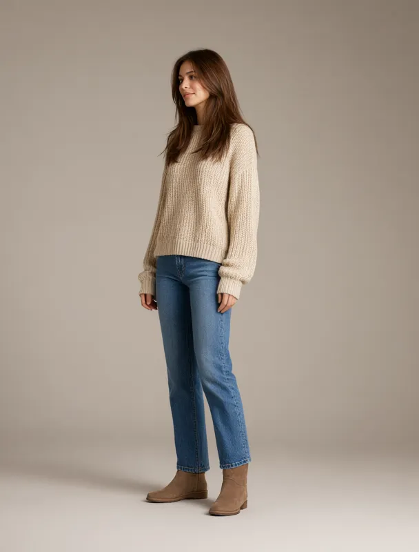 chunky knit sweater with straight jeans by qwen image 2.1