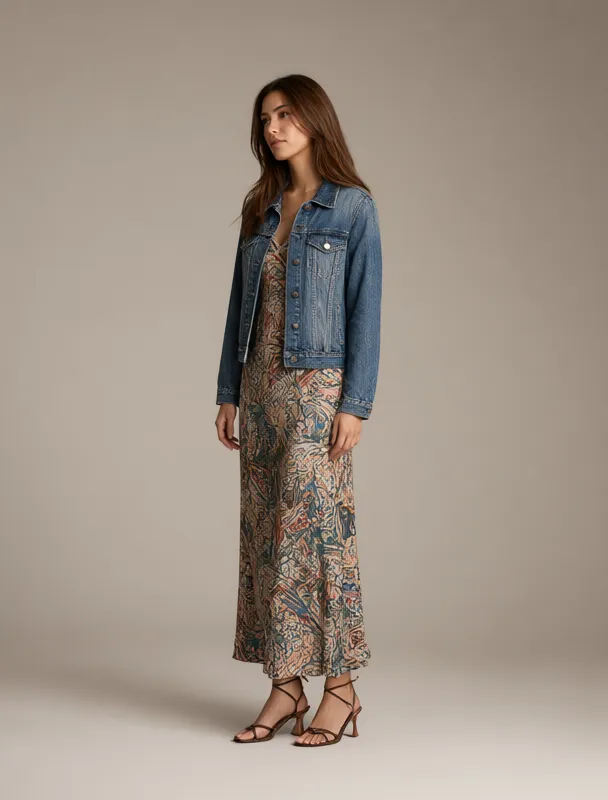 denim jacket over a printed maxi dress by qwen image 2.1
