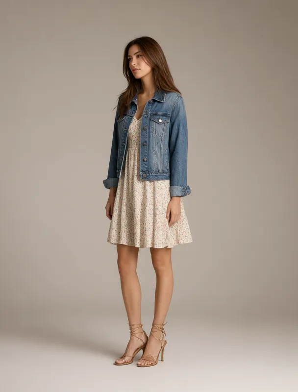 denim jacket over a sundress by qwen image 2.1
