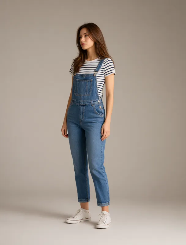 denim overalls with a striped tee by qwen image 2.1