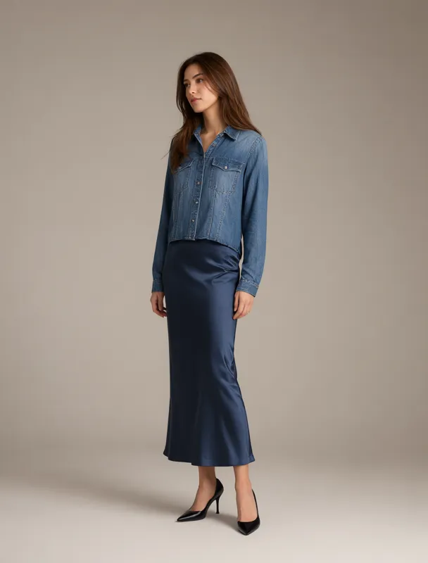 denim shirt with a satin midi skirt by qwen image 2.1