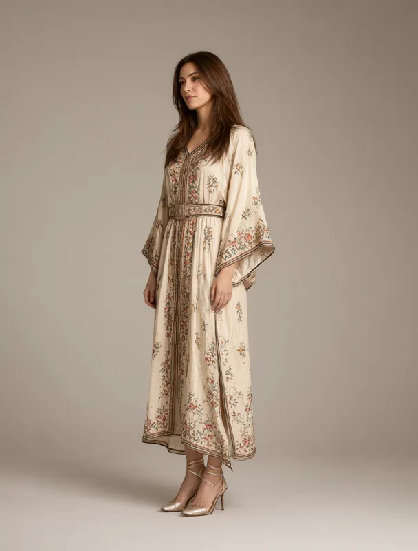 embroidered kaftan with wide belt by qwen image 2.1