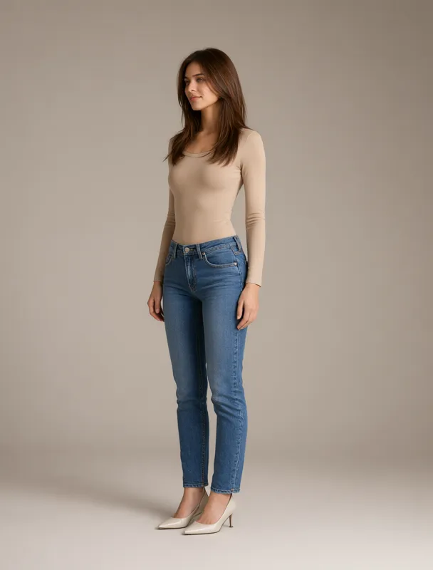fitted bodysuit with high waisted jeans by qwen image 2.1