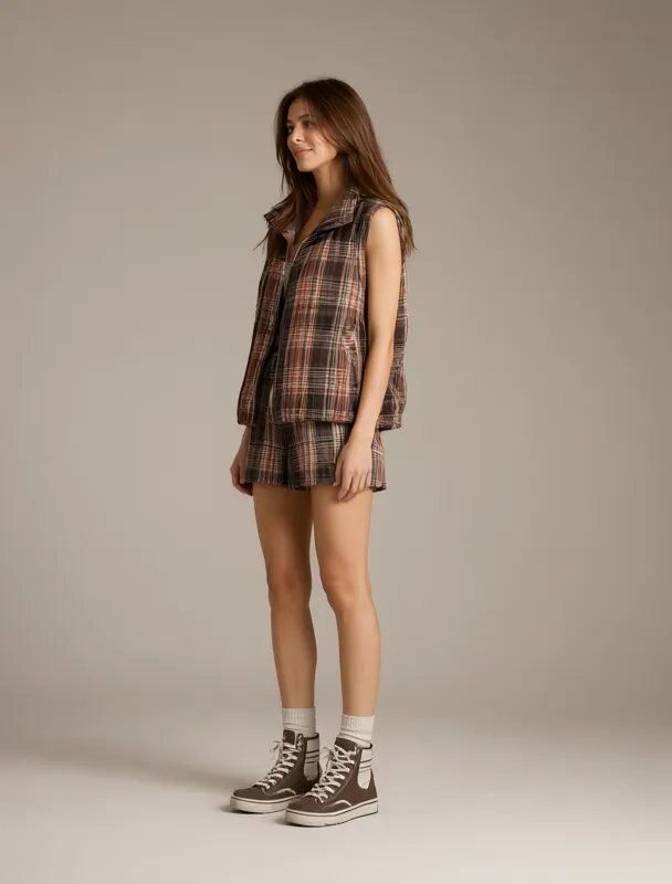 flannel lined vest with zip off shorts by qwen image 2.1