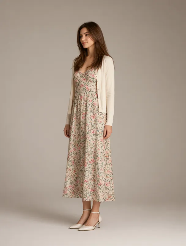floral midi dress with a cardigan by qwen image 2.1