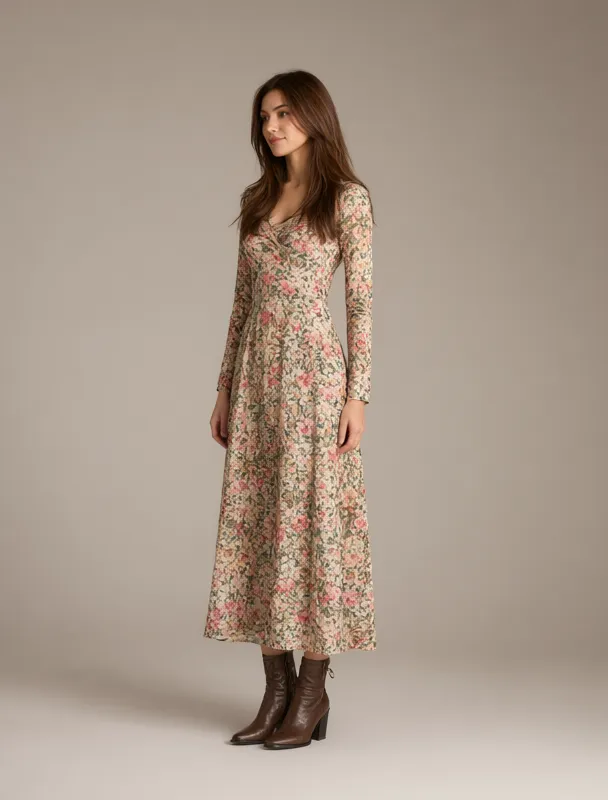 floral midi dress with ankle boots by qwen image 2.1