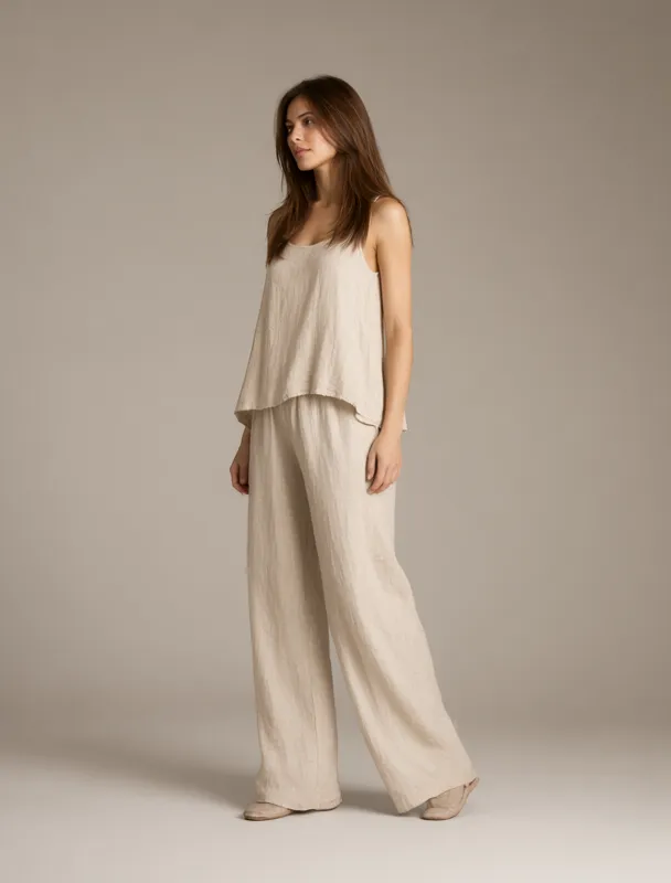 flowy linen pants with a tank top by qwen image 2.1