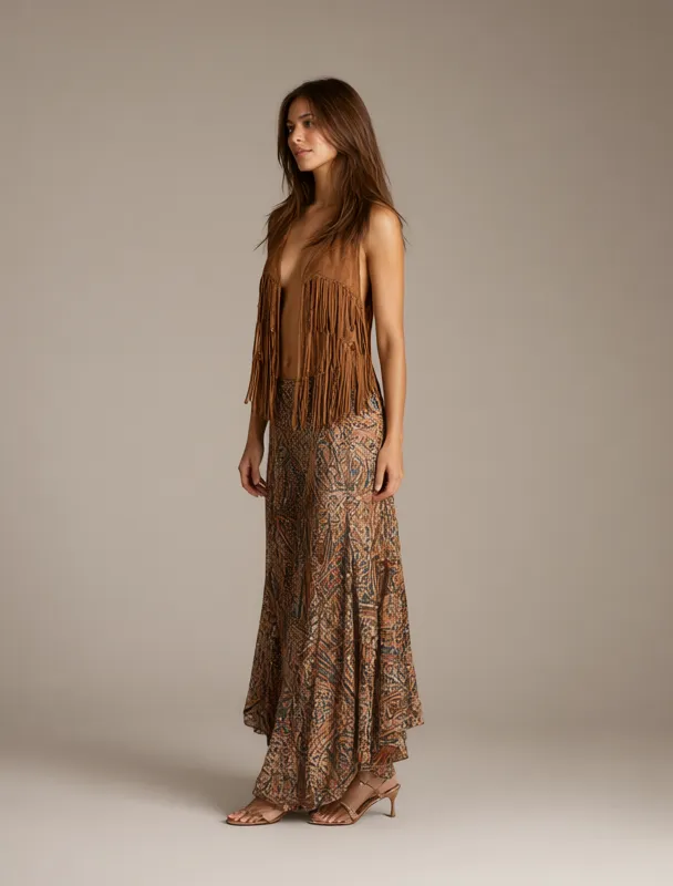 fringed suede vest with a boho maxi skirt by qwen image 2.1