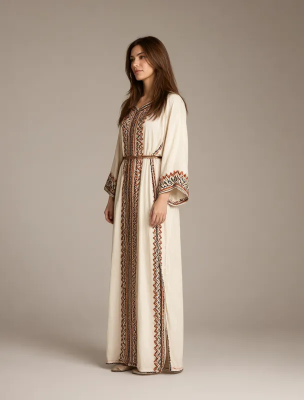 kabyle dress with zigzag trim and fouta by qwen image 2.1