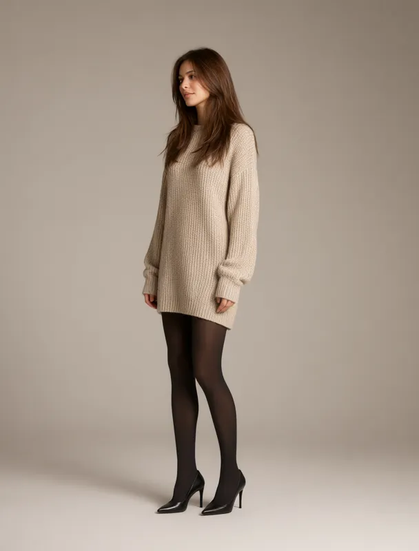 knit sweater dress with tights by qwen image 2.1