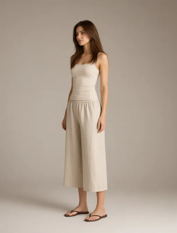 linen culottes with a tank top by qwen image 2.1