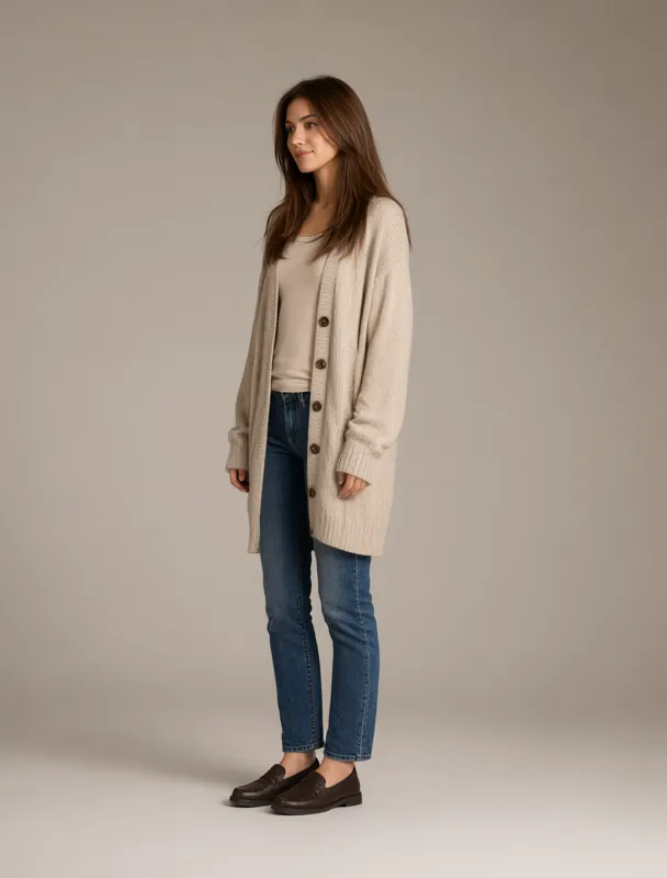 long cardigan over jeans by qwen image 2.1