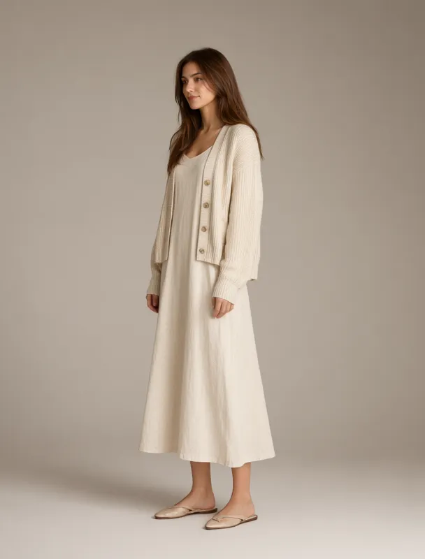 long cotton dress with a knit cardigan by qwen image 2.1
