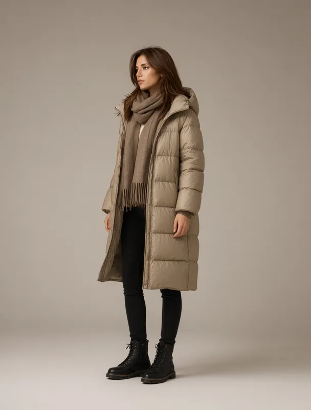 long puffer coat with a wool scarf by qwen image 2.1